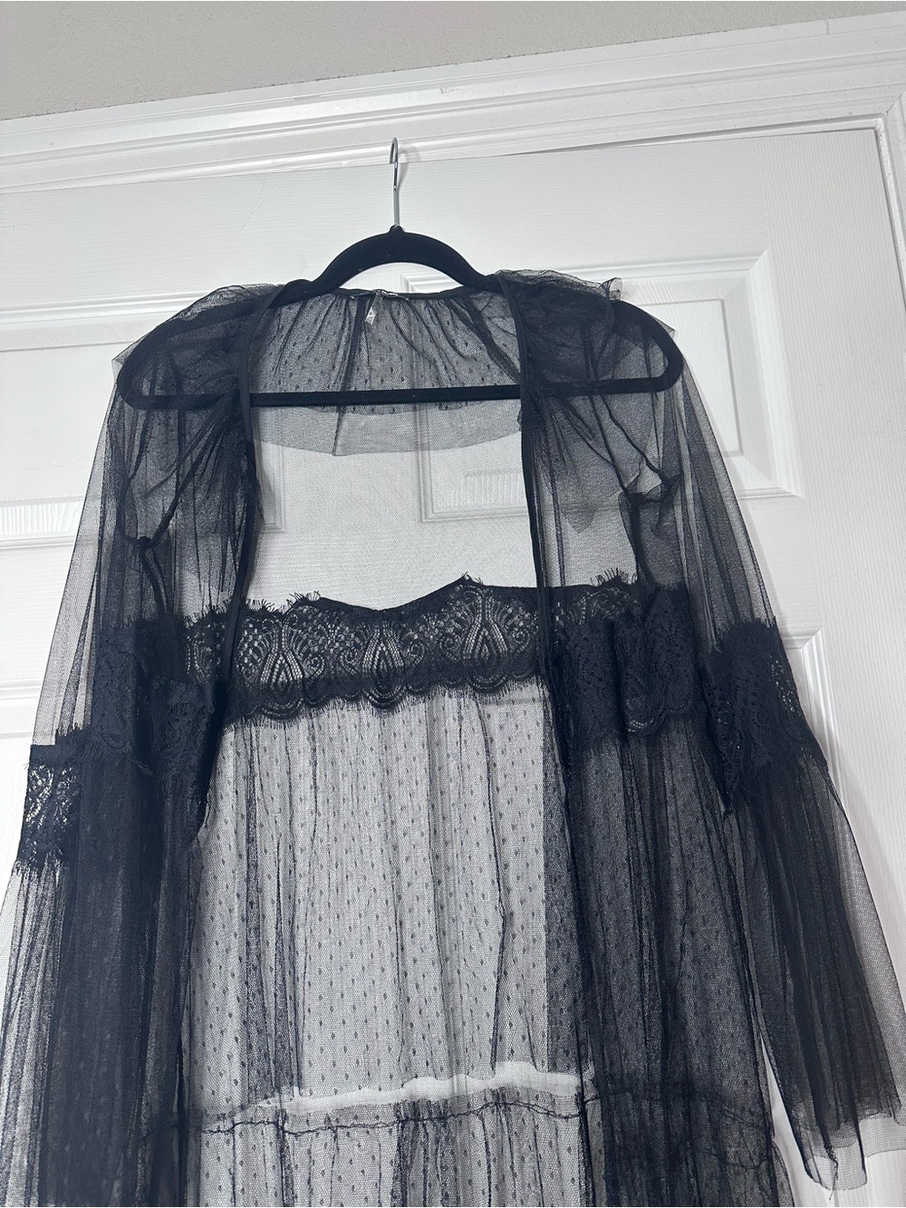 Sheer Ruffled Lace Long Robe/Duster - Black - Picture 2 of 9